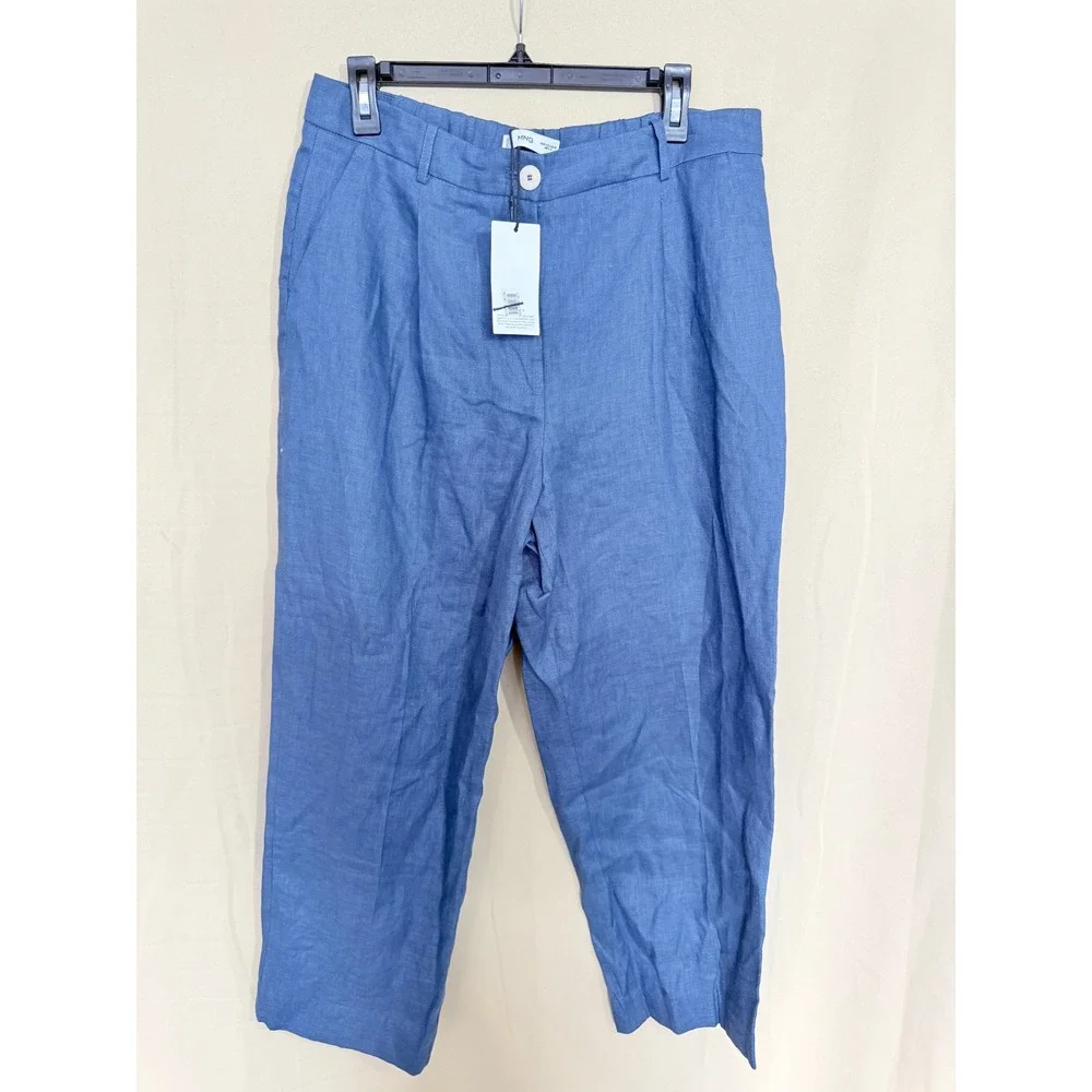 Mango Trousers Women Size 10 Blue Bruno Linen Pleated Straight Leg Pants NEW